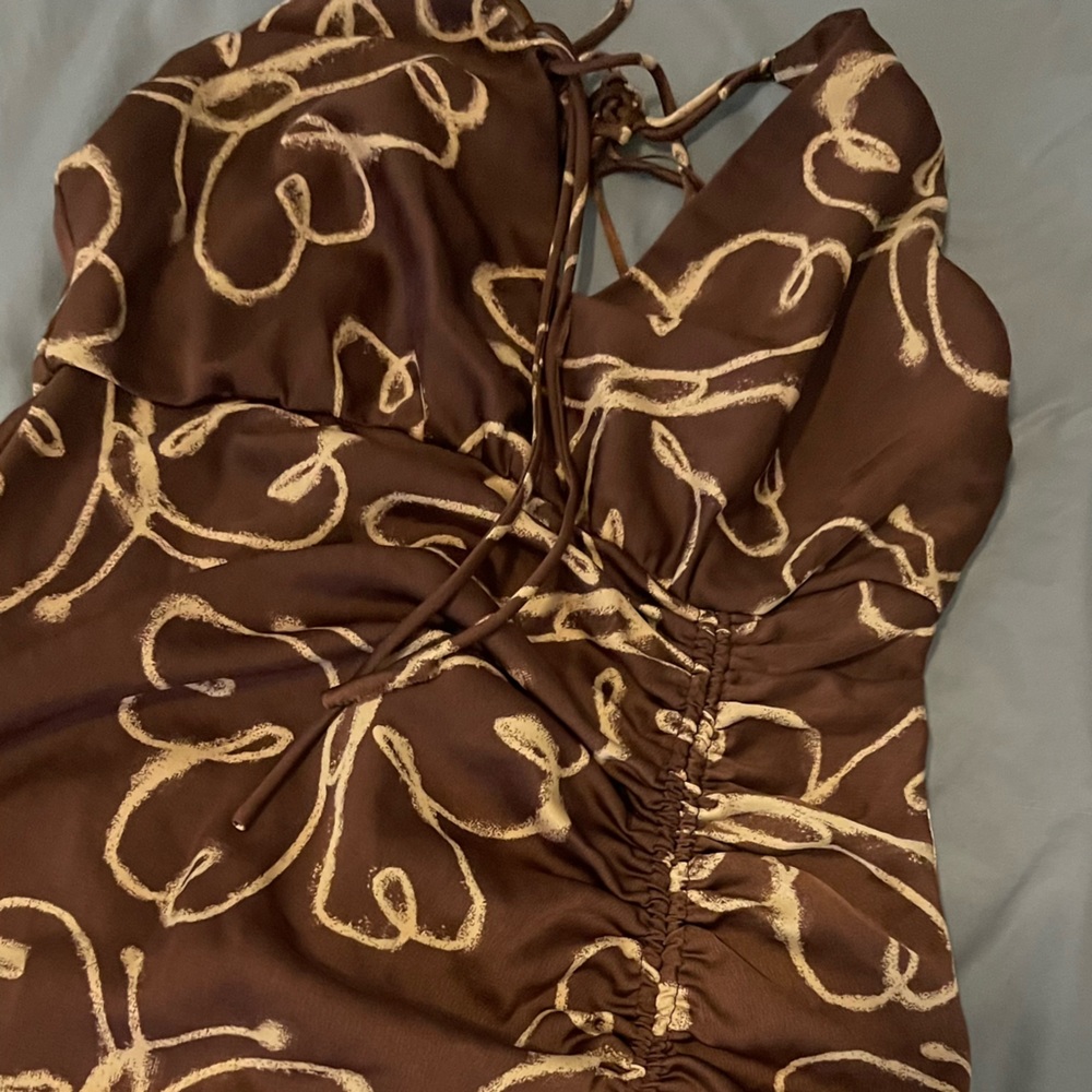 URBAN OUTFITTERS silk brown dress with slit on side and flower print